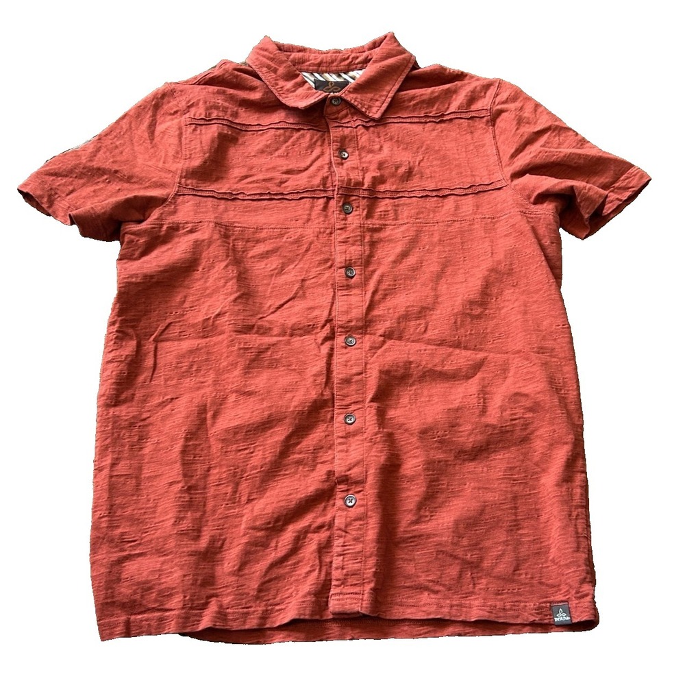 PrAna Shirt Mens Medium Red Organic Cotton Button Front Short‎ Sleeve Top